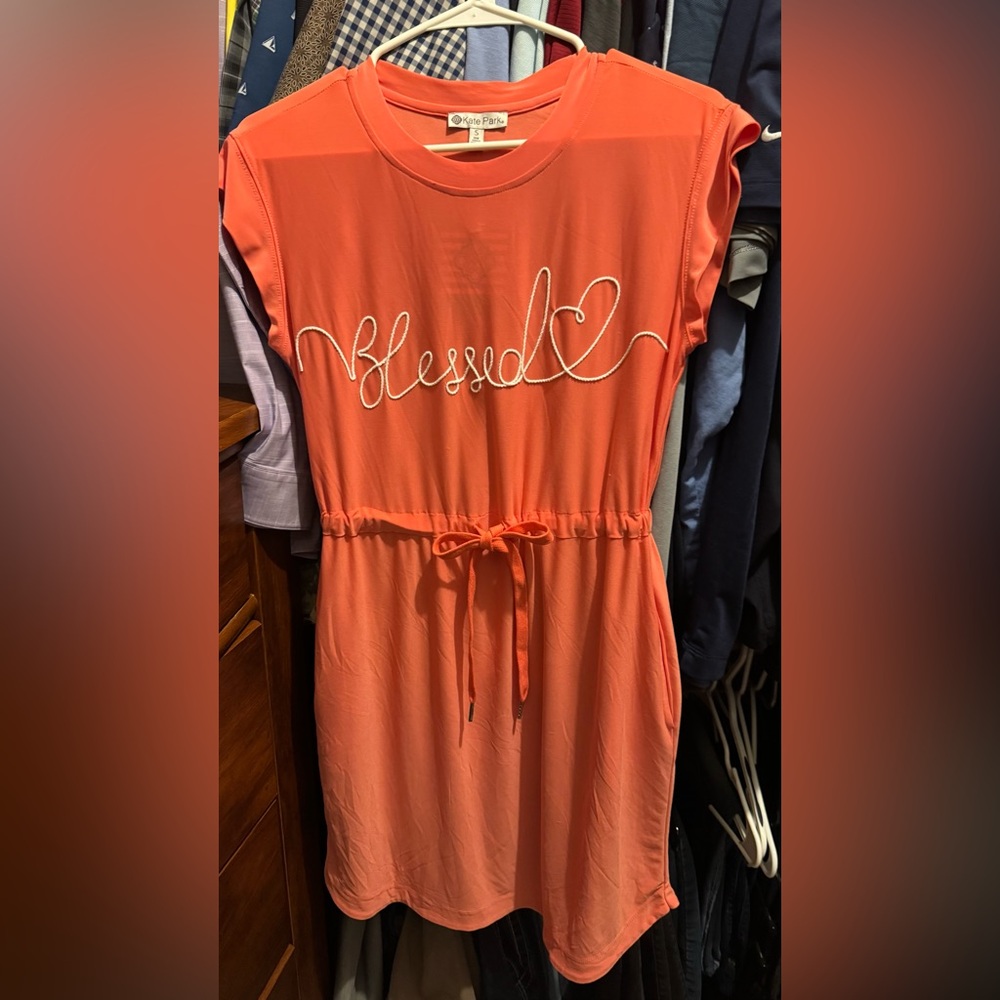 Coral Dress with 'Blessed' Embroidery
